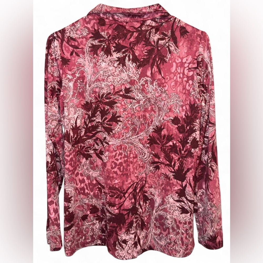 Susan Graver XS Pink Paisley Floral Print Long Sleeve V-Neck Quarter Zip Blouse - Picture 2 of 7